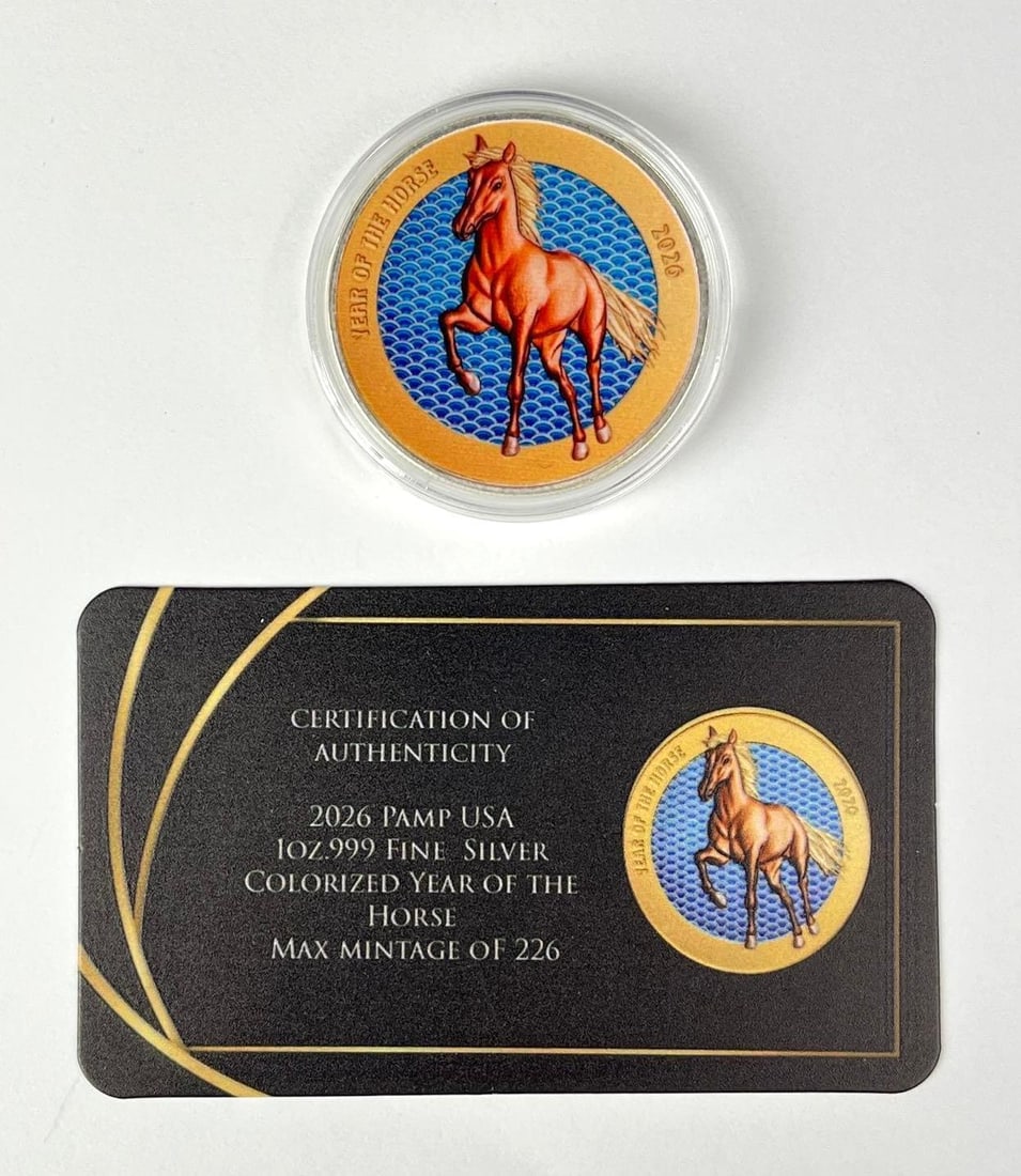 SUPER RARE 2026 PAMP Suisse Colorized Year of the Horse 1 oz .999 Fine Silver Round: Includes COA, Mintage of 226.