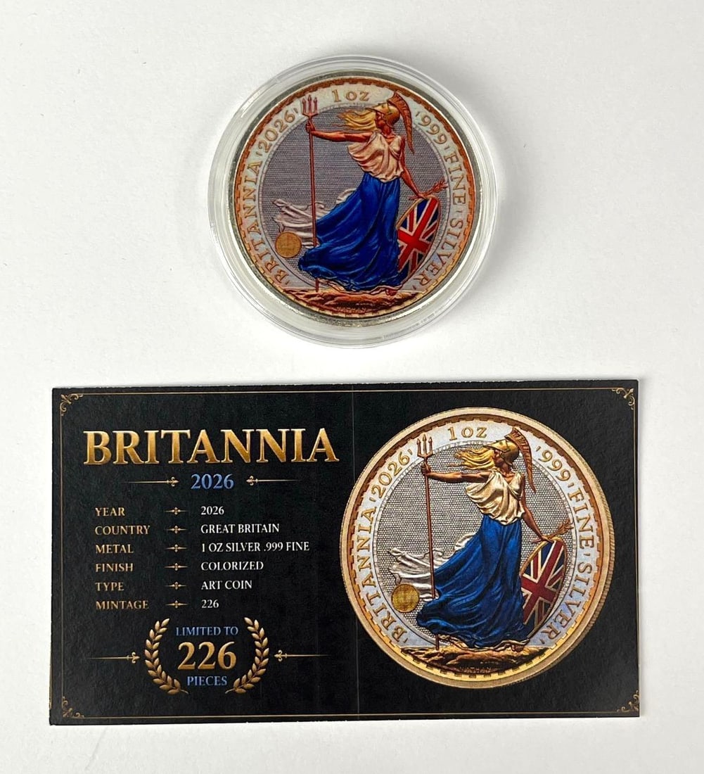 SUPER RARE 2026 Great Britain ?2 Colorized Britannia 1 oz 999 Fine Silver Coin: Includes COA, Mintage of 226.
