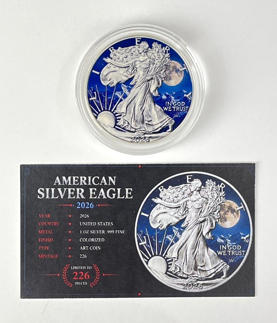 SUPER RARE 2026 US $1 Colorized American Silver Eagle 1 oz Fine Silver Coin: Includes COA, Mintage of 226