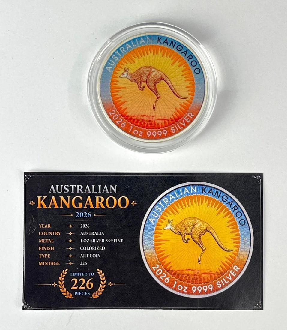 SUPER RARE 2026 Australia $1 Colorized Kangaroo 1 oz 9999 Silver Coin: Includes COA, Mintage of 226.