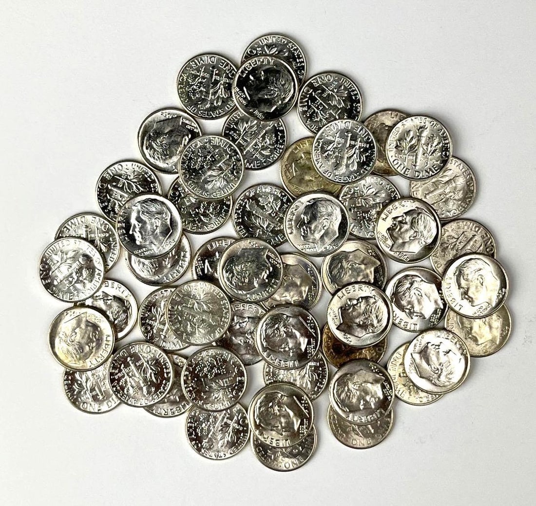 BRILLIANT UNCIRCULATED Group of 50 US Roosevelt 90% Silver Dimes in a Roll: Includes years 1964 and 1954.