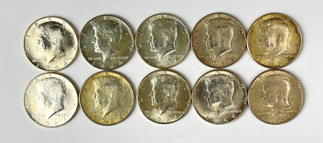 Group of 10 1964 US Kennedy 90% Silver Half Dollars (1 of 2)
