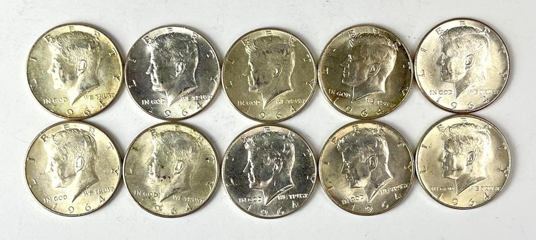 Group of 10 1964 US Kennedy 90% Silver Half Dollars: Group of 10 1964 US Kennedy 90% Silver Half Dollars