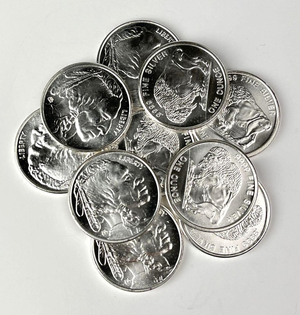 Group of 10 Buffalo Design 1 oz .9999 Fine Silver Rounds in a Roll (1 of 2)