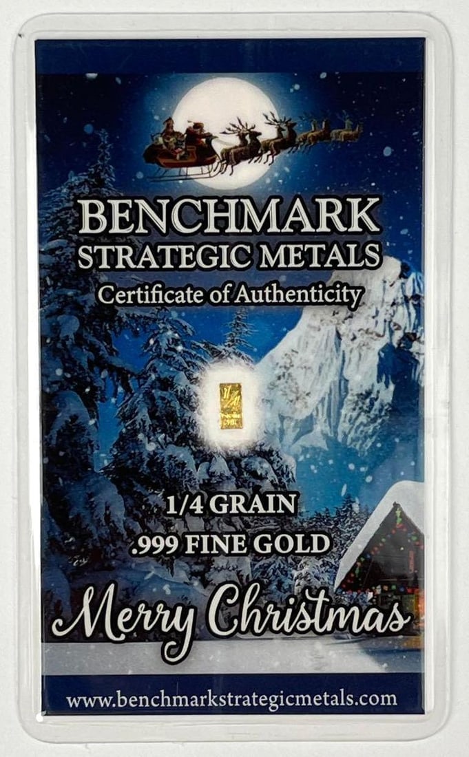 Benchmark Strategic Metals Merry Christmas 1/4th Grain .999 Fine Gold Ingot/ Bar: Includes COA