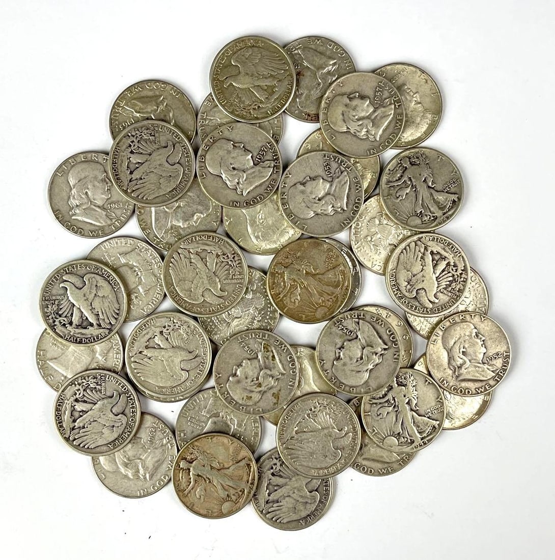 Group of 40 US 90% Silver Half Dollars: Includes Benjamin, Kennedy and Walking Liberty Half Dollars.