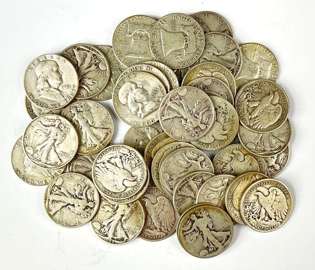 Group of 40 US 90% Silver Half Dollars: Includes Walking Liberty And Franklin Half Dollars.