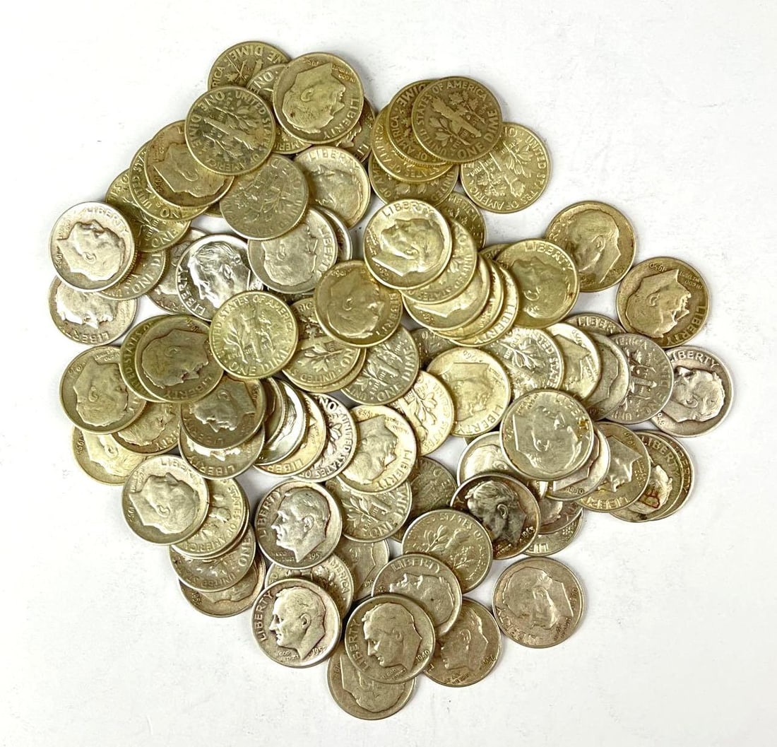 Group of 90 US Roosevelt 90% Silver Dimes (1 of 1)