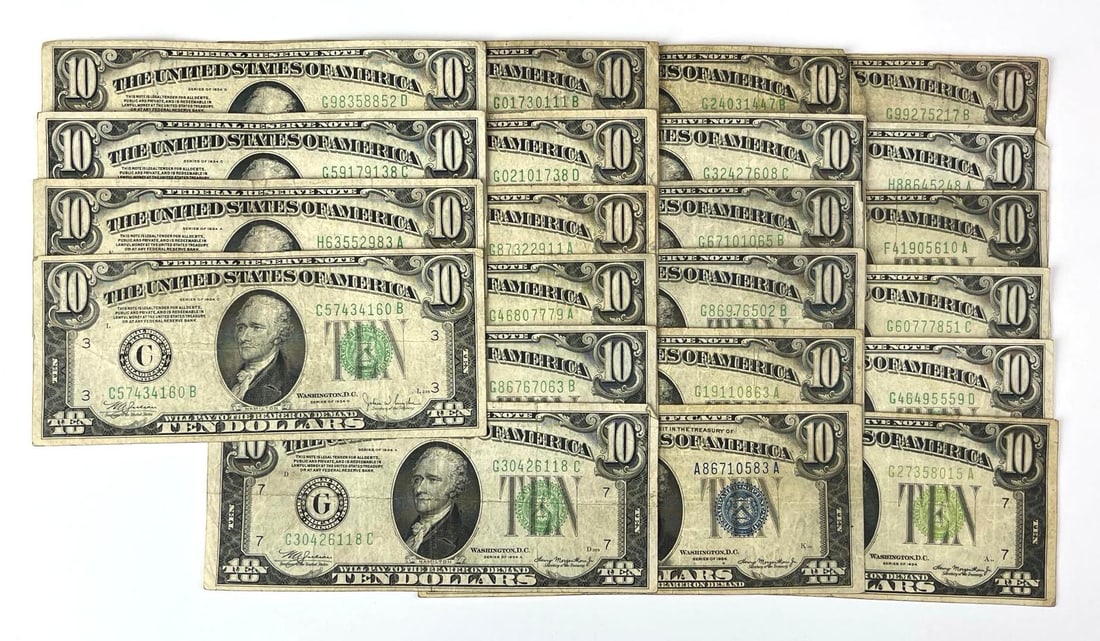 Group of 22 1934 US $10 Federal Reserve Notes (1 of 3)