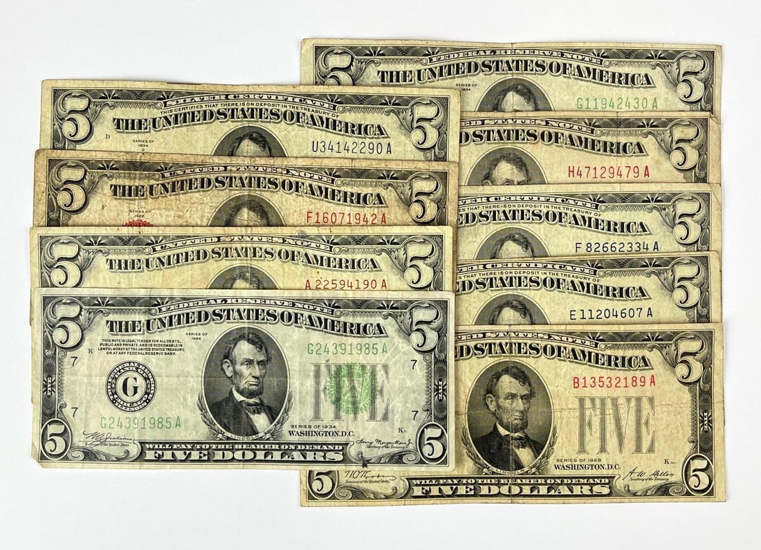Group of 9 US $5 Notes (1 of 2)