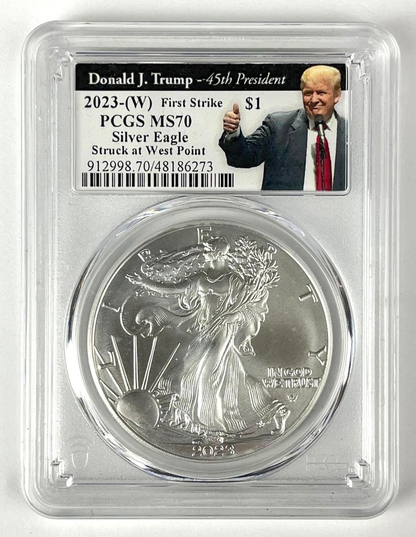 2023 W US $1 American Silver Eagle 1 oz Fine Silver Coin PCGS MS70: First Strike, Struck at West Point, Donald J Trump 45th President
