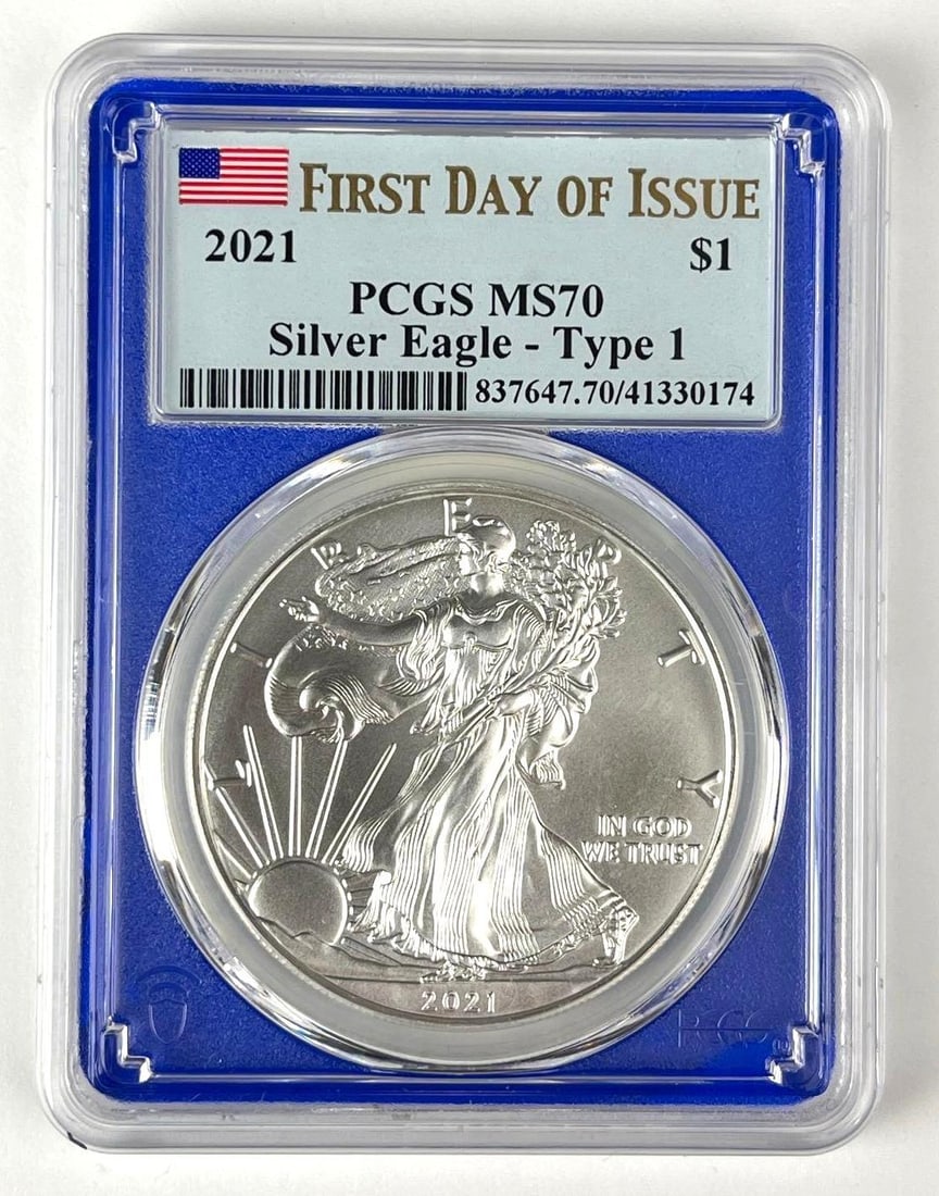2021 US $1 American Silver Eagle 1 oz Fine Silver Coin PCGS MS70: First Day of Issue, Type 1