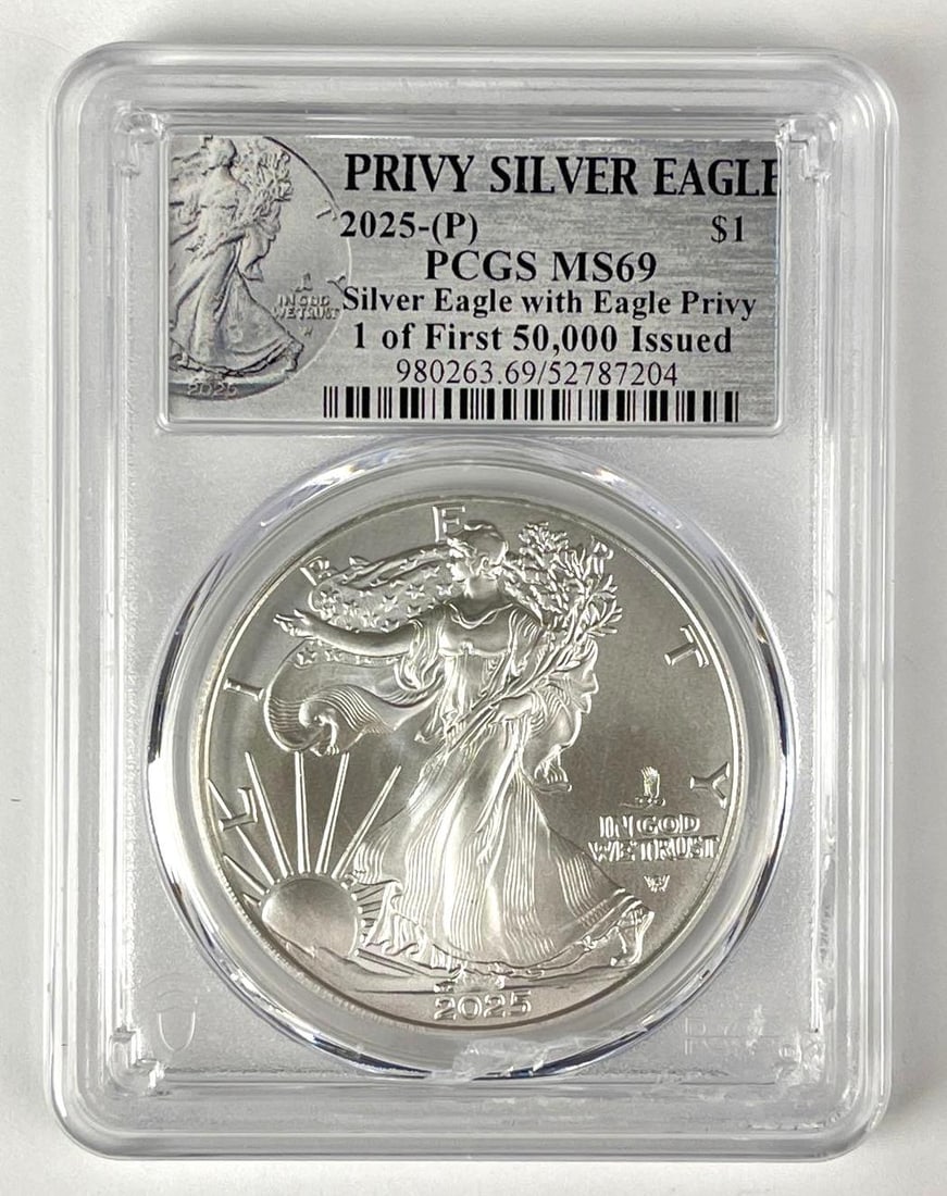 2025 P US $1 American Silver Eagle with Eagle Privy 1 oz Fine Silver Coin PCGS MS69: 1 of First 50,000 Issued