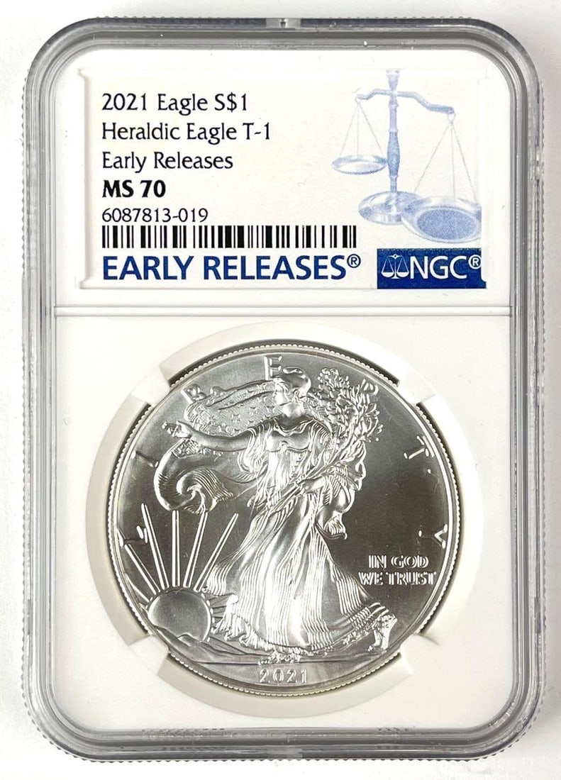 2021 US $1 American Silver Eagle 1 oz Fine Silver Coin NGC MS70: Early Releases, Heraldic Eagle T-1