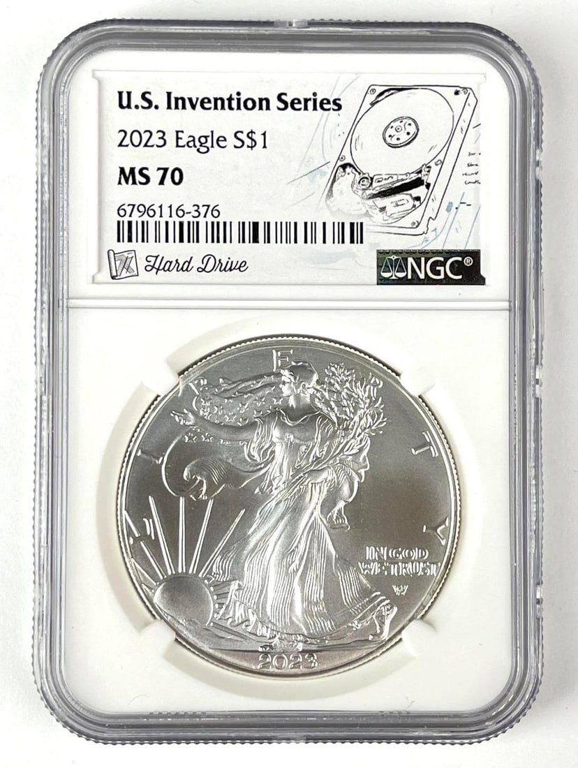 2023 US $1 American Silver Eagle 1 oz Fine Silver Coin NGC MS70: US Invention Series: Hard Drive