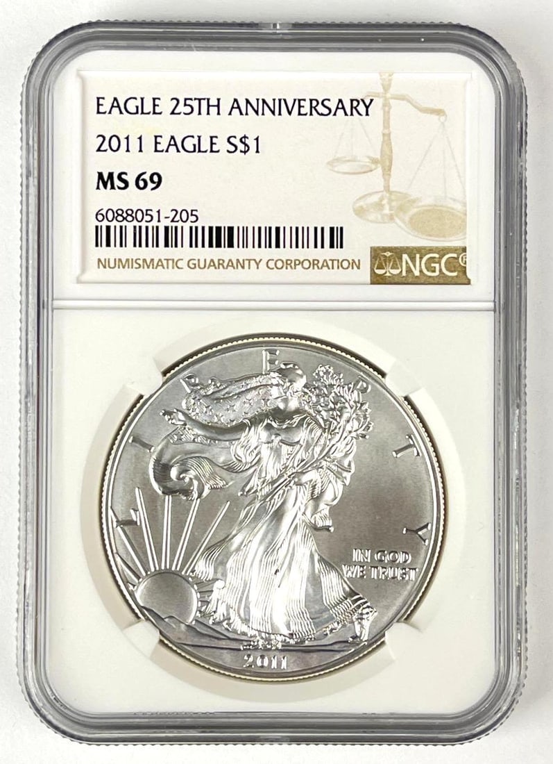 2011 US $1 American Silver Eagle 1 oz Fine Silver Coin NGC MS69: Eagle 25th Anniversary
