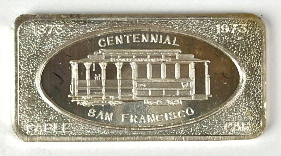 1973 Patrick Mint San Francisco Centennial 1 oz .999 Fine Silver Ingot/ Bar: 1973 Patrick Mint San Francisco Centennial 1 oz .999 Fine Silver Ingot/ Bar