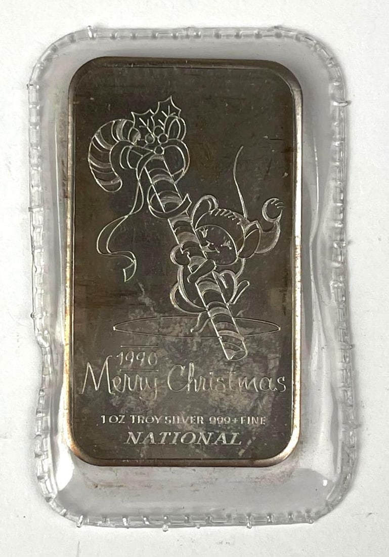 1990 National Merry Christmas 1 oz .999 Fine Silver Ingot/Bar: 1990 National Merry Christmas 1 oz .999 Fine Silver Ingot/Bar