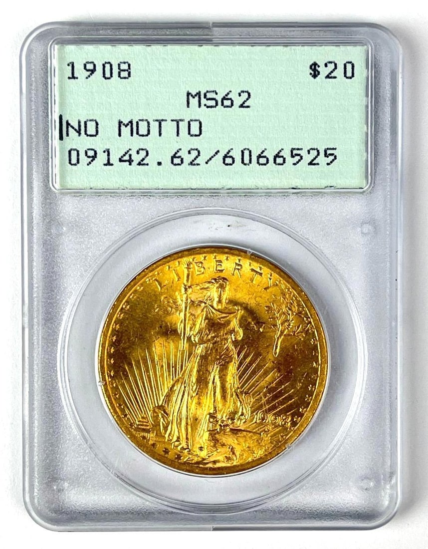 1908 No Motto US $20 St. Gaudens Gold Coin PCGS MS62: 1908 No Motto US $20 St. Gaudens Gold Coin PCGS MS62