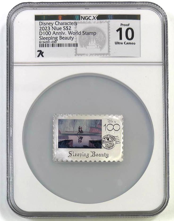 2023 Niue Disney 100 Sleeping Beauty World Stamp 1 oz .999 Fine Silver Proof 10 UC: 2023 Niue $2 Disney 100 Anniversary World Stamp Series Sleeping Beauty coin graded Proof 10 Ultra Cameo by NGCX. This special Disney commemorative issue celebrates the 100th anniversary of The Walt Di