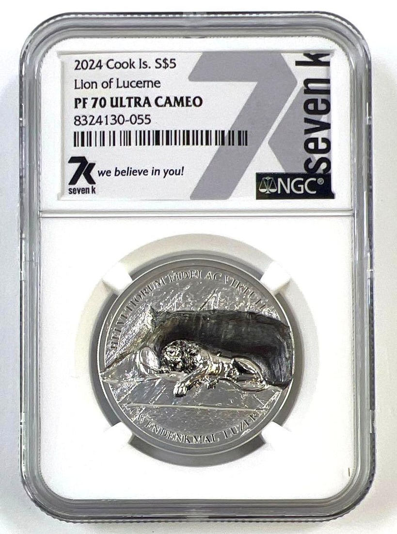 2024 Cook Islands Lion of Lucerne 1 oz .999 Fine Silver PF70 Ultra Cameo: 2024 Cook Islands $5 Lion of Lucerne coin graded PF70 Ultra Cameo by NGC. This remarkable ultra high relief silver issue commemorates the famous Lion Monument in Lucerne, Switzerland, one of the world