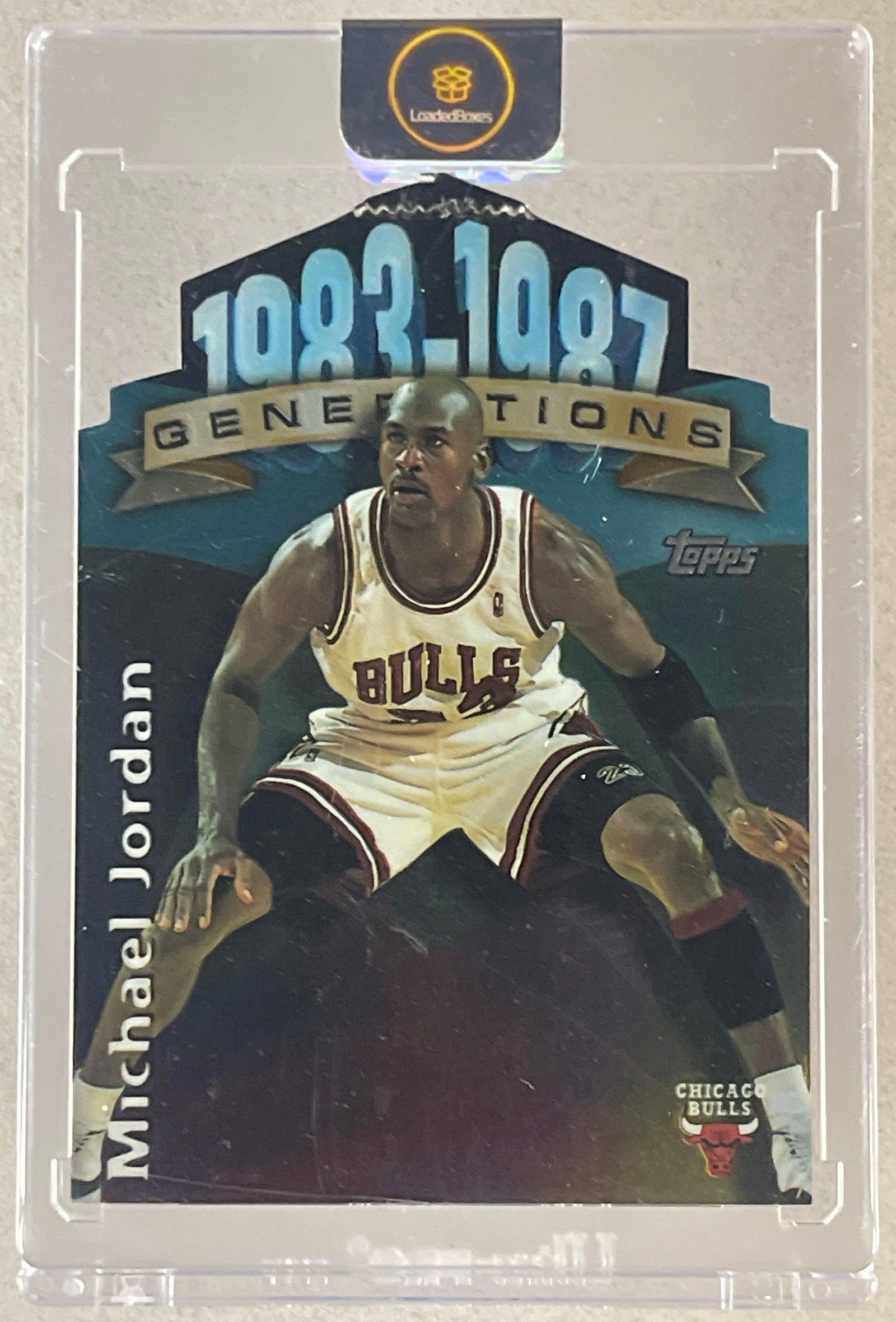 1997 Topps Generations Die-Cut Michael Jordan #G2: 1997 Topps Generations Die-Cut Michael Jordan #G2, Tough Die cut insert, Damaged top, Crimped