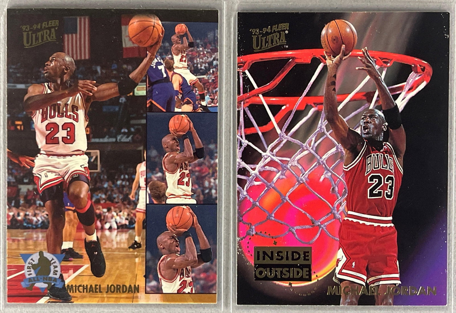 1993 Fleer Ultra First Team All-NBA #2 and Inside Outside #4 Michael Jordan Inserts (1 of 2)