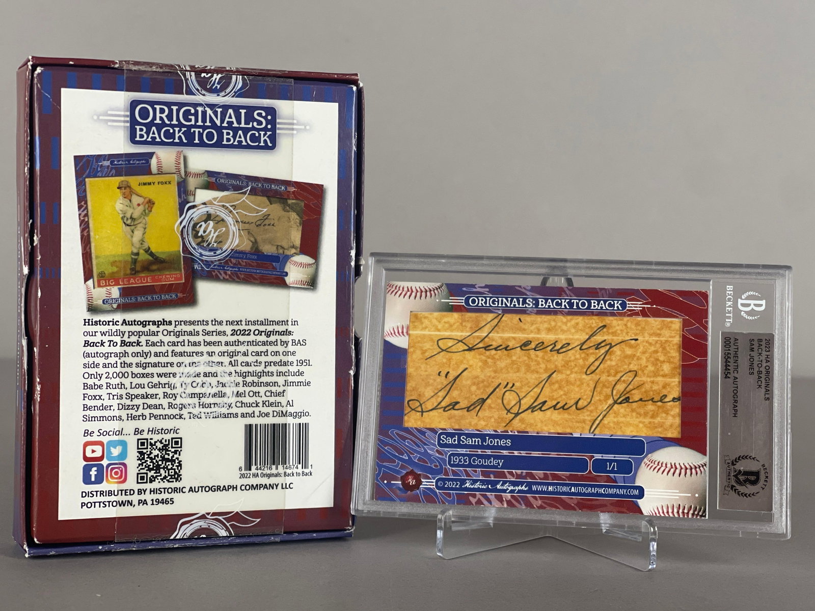 2023 HA Originals Back-to-Back Sam Jones Auto 1933 Goudey Beckett Authentic 1/1: Autographed Sincerely Sad Sam Jones, Signed cut and 1933 Goudey, Beckett Authentic