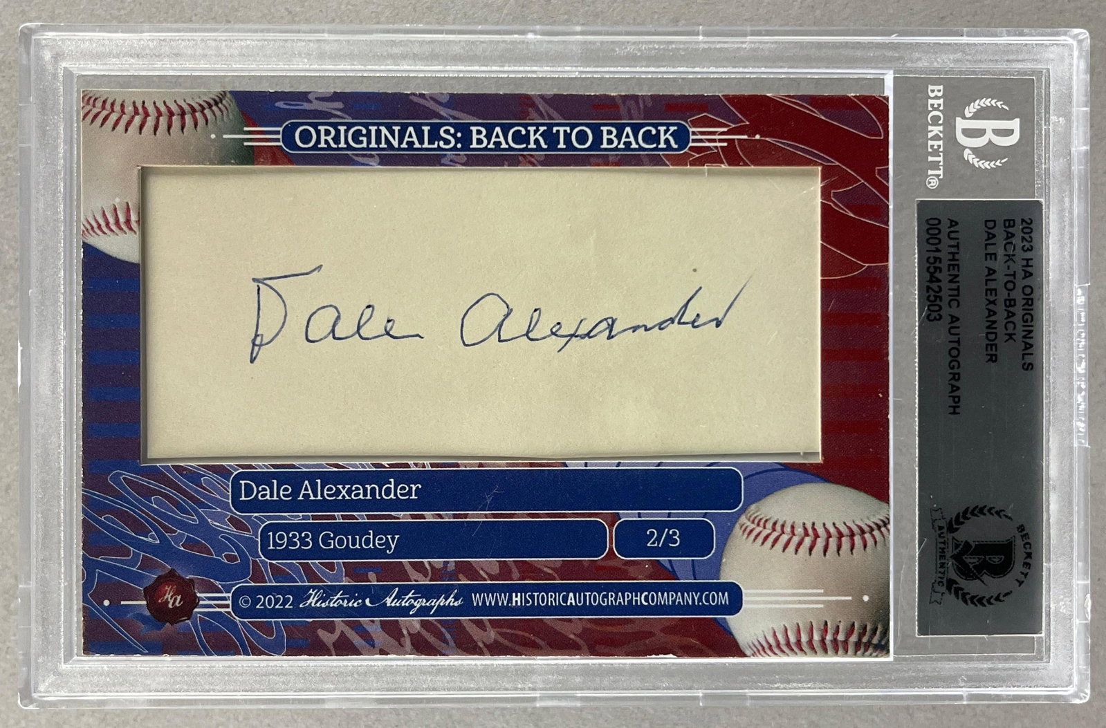 2023 HA Originals Back-to-Back Dale Alexander Auto 1933 Goudey Beckett Authentic 2/3: Autographed Dale Alexander, Signed Cut and 1933 Goudey, Beckett Authentic
