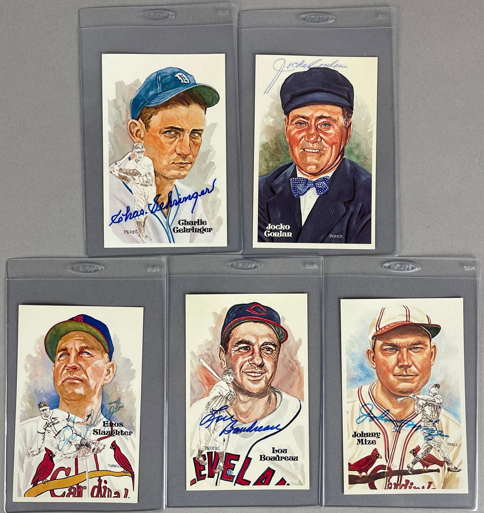 5 - Baseball HOF Signed Perez-Steele Cards: Chas. Gehringer, John Mize, Lou Boudreau, Eno Slaughter and Jacko Conlan