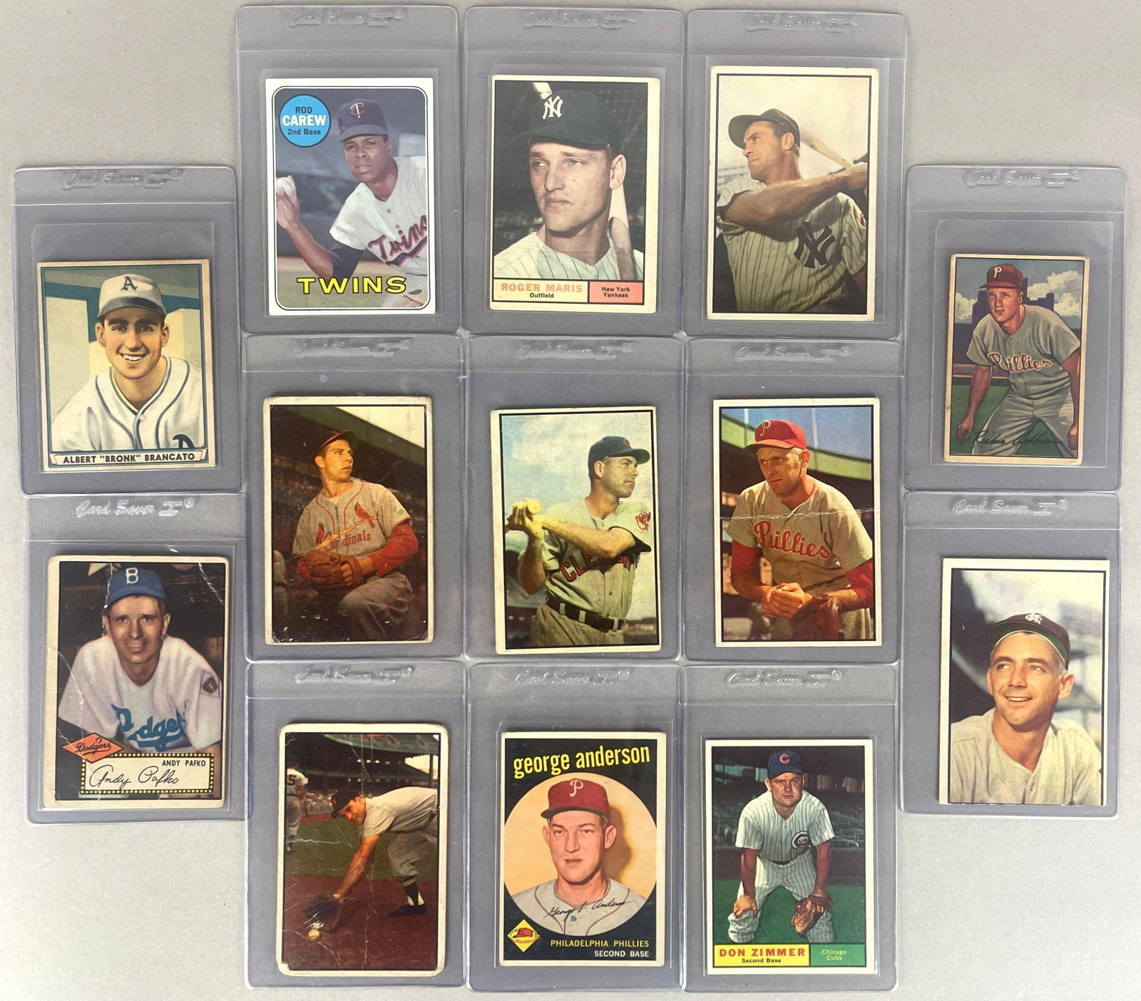 13 - 1941 - 69 Baseball Cards with HOFs: Conditions vary, Low - EXMT, 1941 Playball Albert Brancato VGEX, 1969 Topps Rod Carew EX, 1961 Topps Roger Maris G, 1953 Bowman Color Hank Bauer G - VG, and More