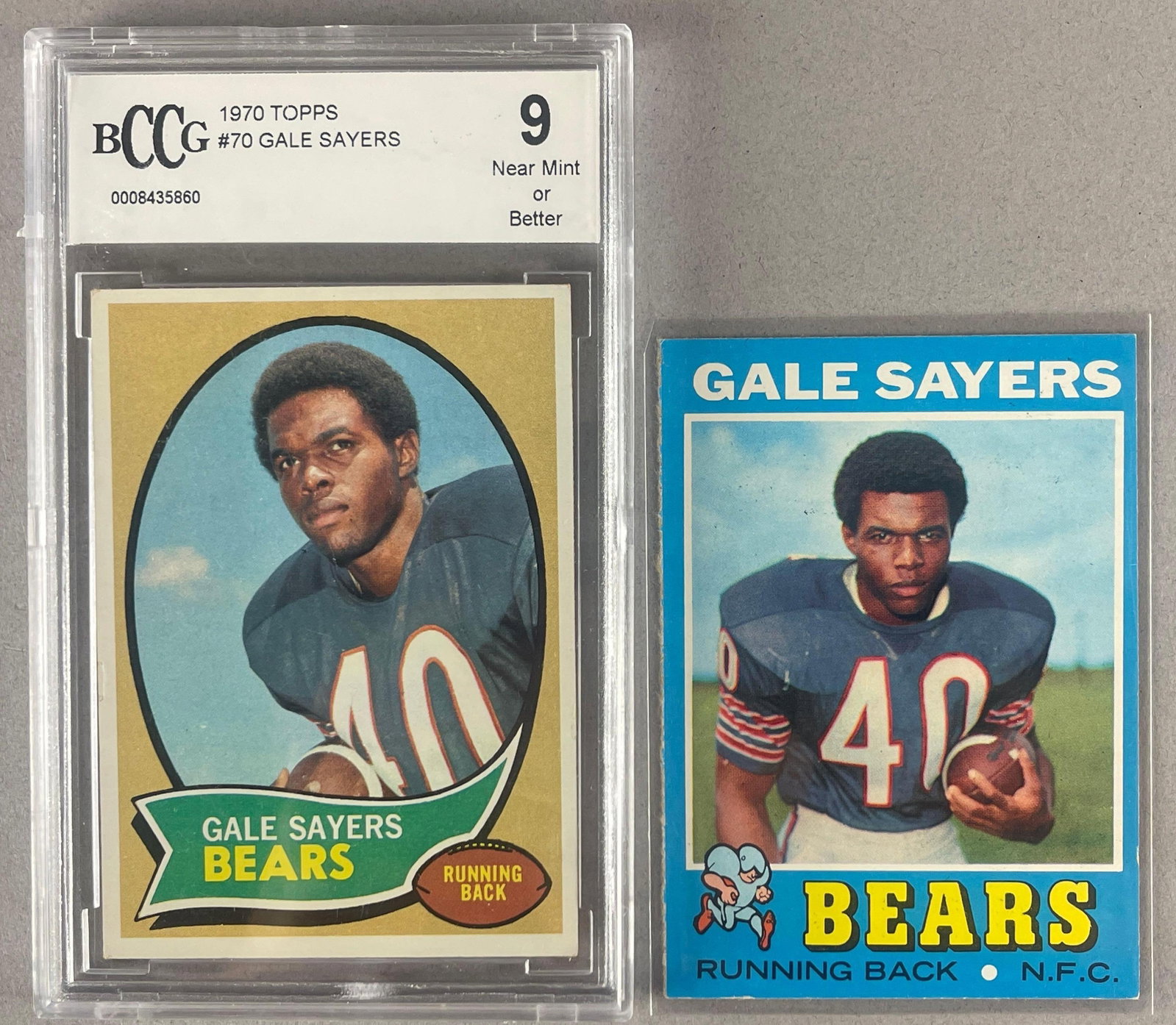 1970 Topps Gale Sayers #7 BCCG 9 and Topps Sayers #150: 1971 Topps NM