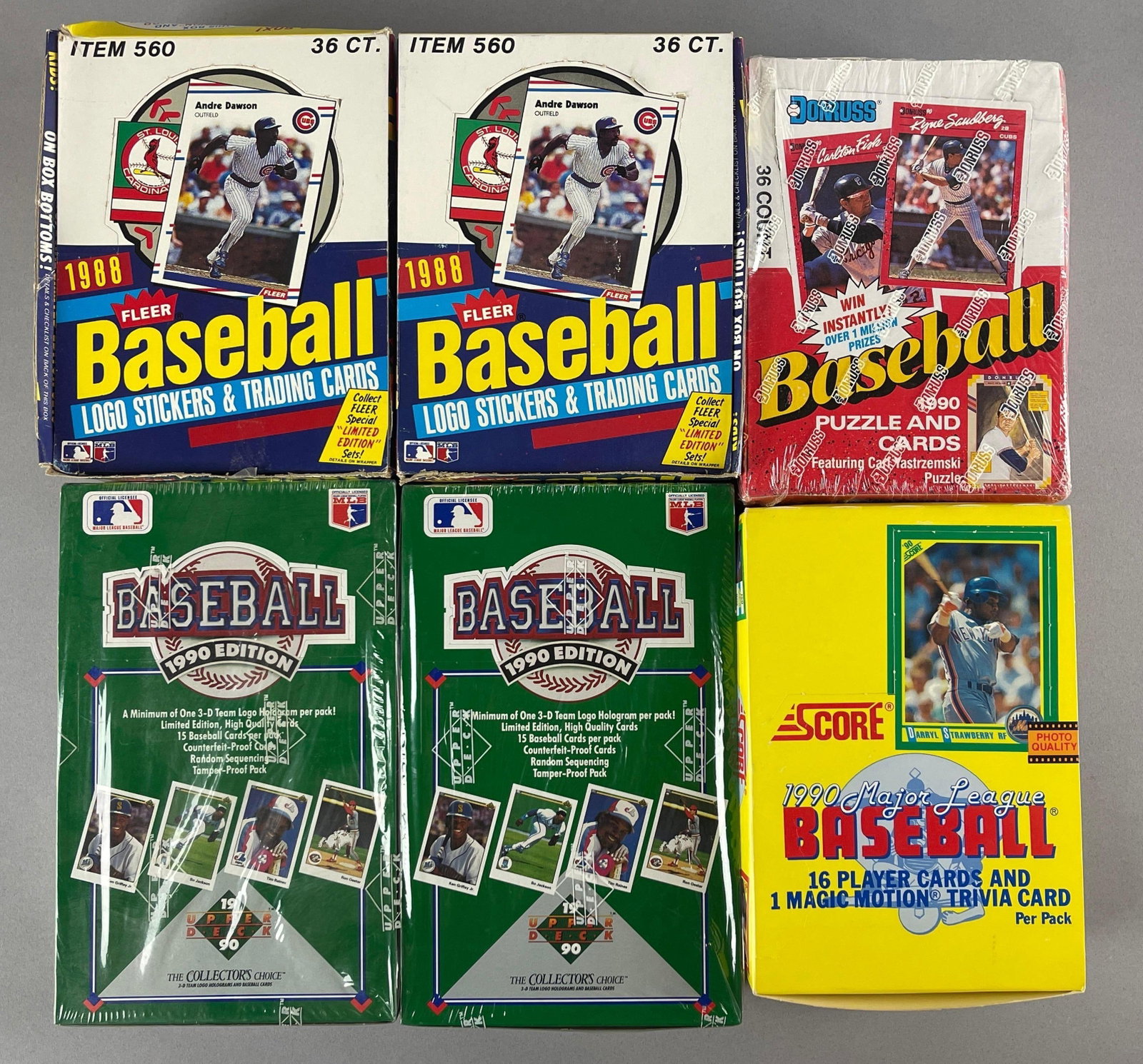 6 - 1988 - 90 Baseball Unopened Wax Boxes: Includes 2 - Fleer, 2 - Upper Deck Collectors Choise, Donruss, and Score
