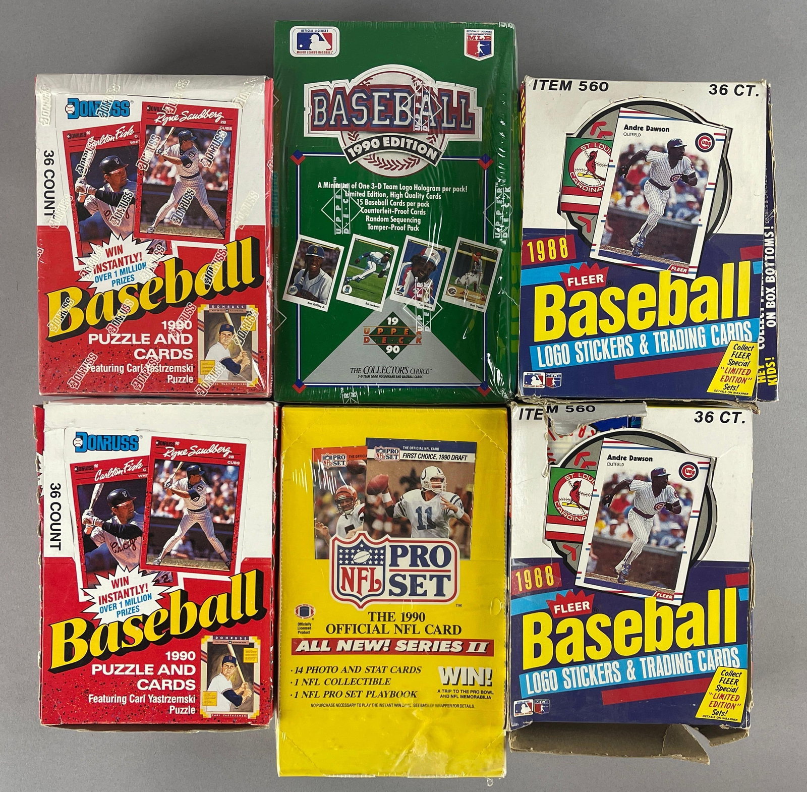 6 - 1988 - 90 Baseball and Football Unopened Wax Boxes: 2 - Donruss, 2 - Fleer, Upper deck Collectors Choice and 1990 Pro Set series 2