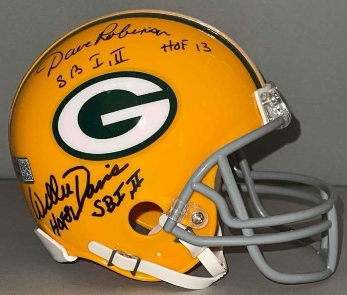 Willie Davis and Dave Robinson Signed Green Bay Packers Mini Helmet with COA: Autographed Willie Davis SB I, II, HOF81. Dave Robinson SB I, II, HOF13, with Tri-Star Sticker