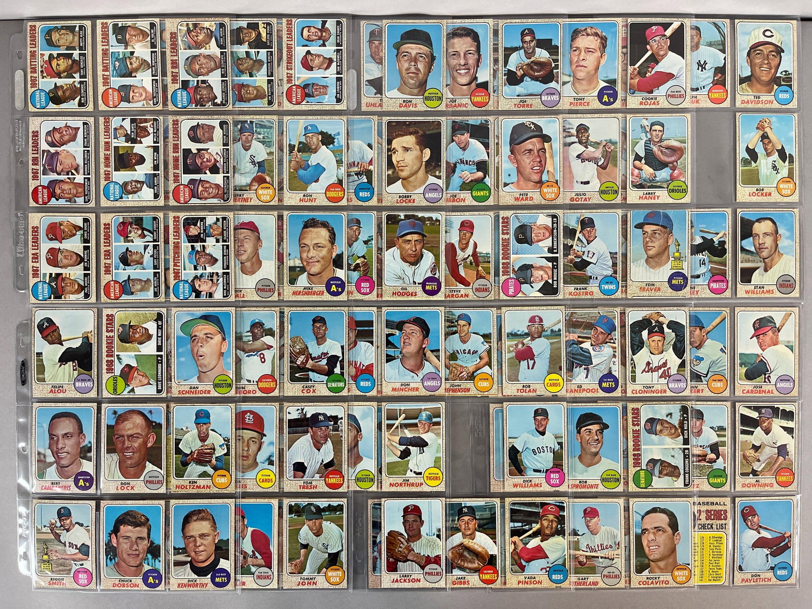 104 - 1968 Topps Baseball 1st Series Cards with Leaders, HOFs, and Rookies: Conditions vary, VG - NM, Cards #1 - 109, Missing 5 cards, Includes all 12 Leader cards, Seaver, Williams, Perry, Gibson, and More