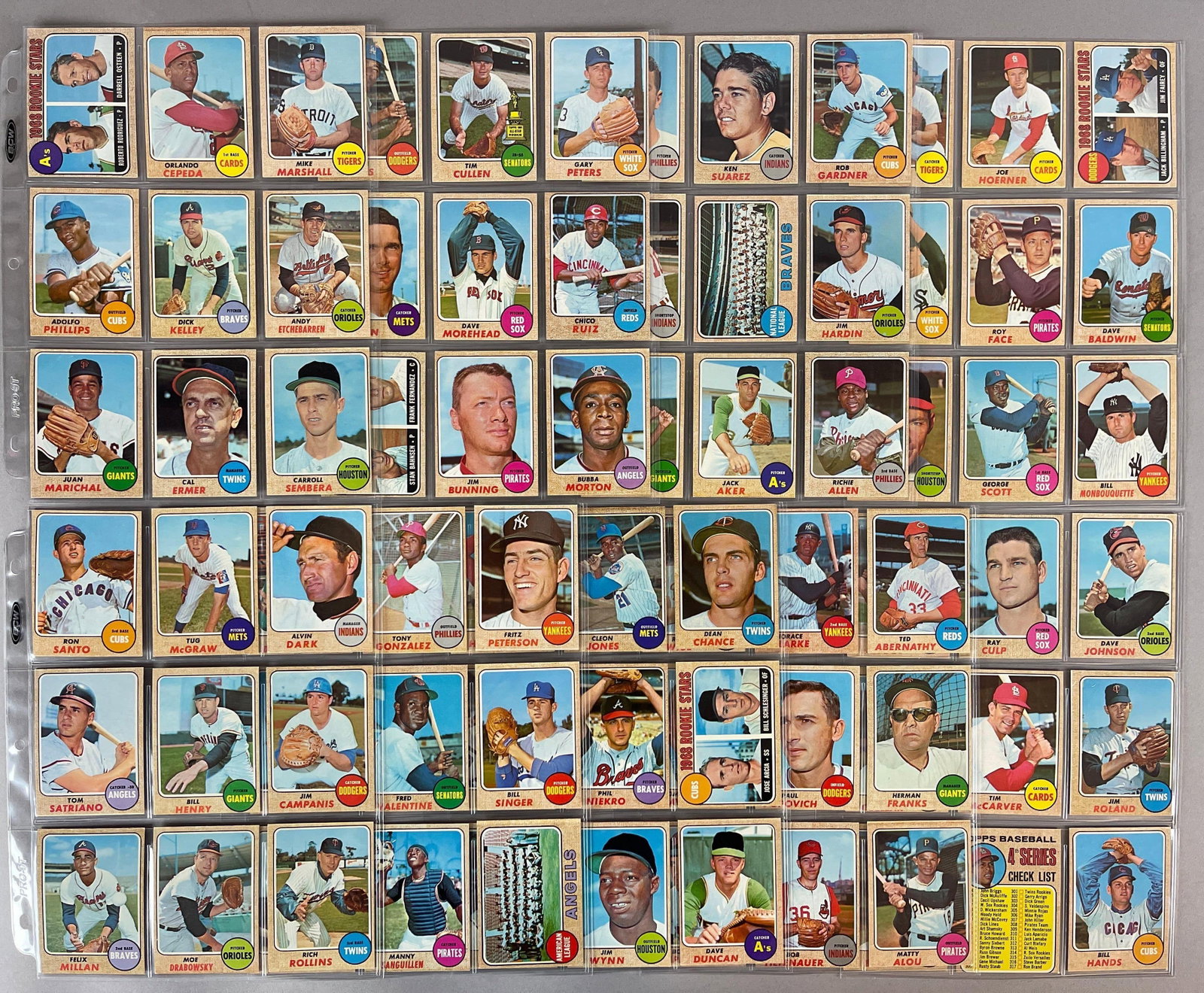 81 - 1968 Topps Baseball 3rd Series Cards with HOFs, Stars, and Rookies: Conditions vary, VG - NM, Cards 197 - 283, Misiing 6 cards, Includes Marichal, Cepeda, Santo, Sanguillen Rookie, and More