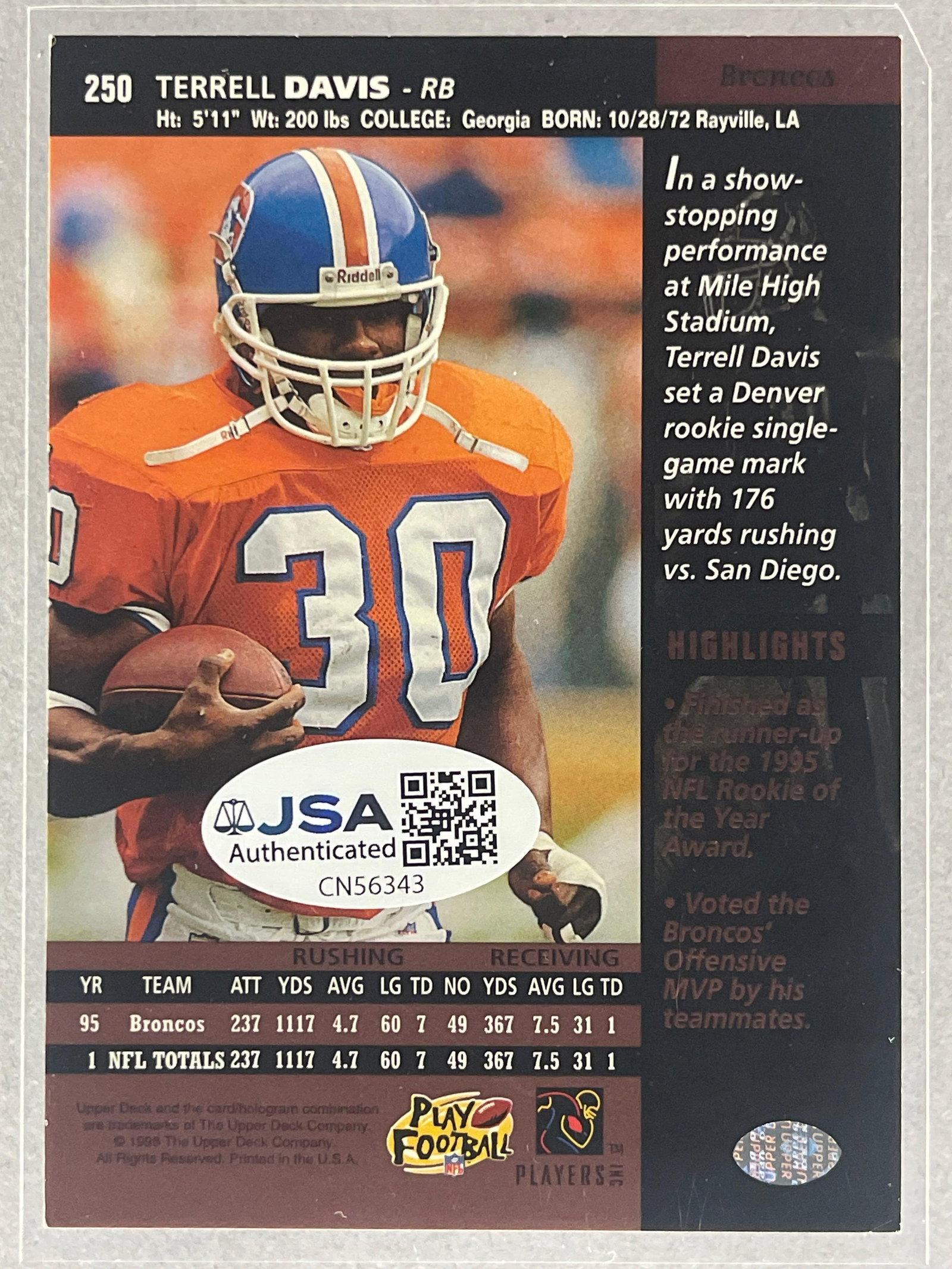 1996 Upper Deck Terrell Davis Signed Card with JSA COA - 2