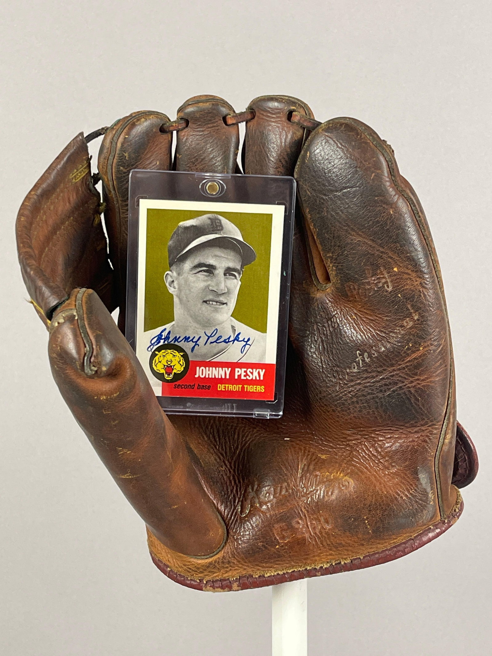 1950s Johnny Pesky Rawlings Glove and Signed 1954 Topps Reprint Card (1 of 3)