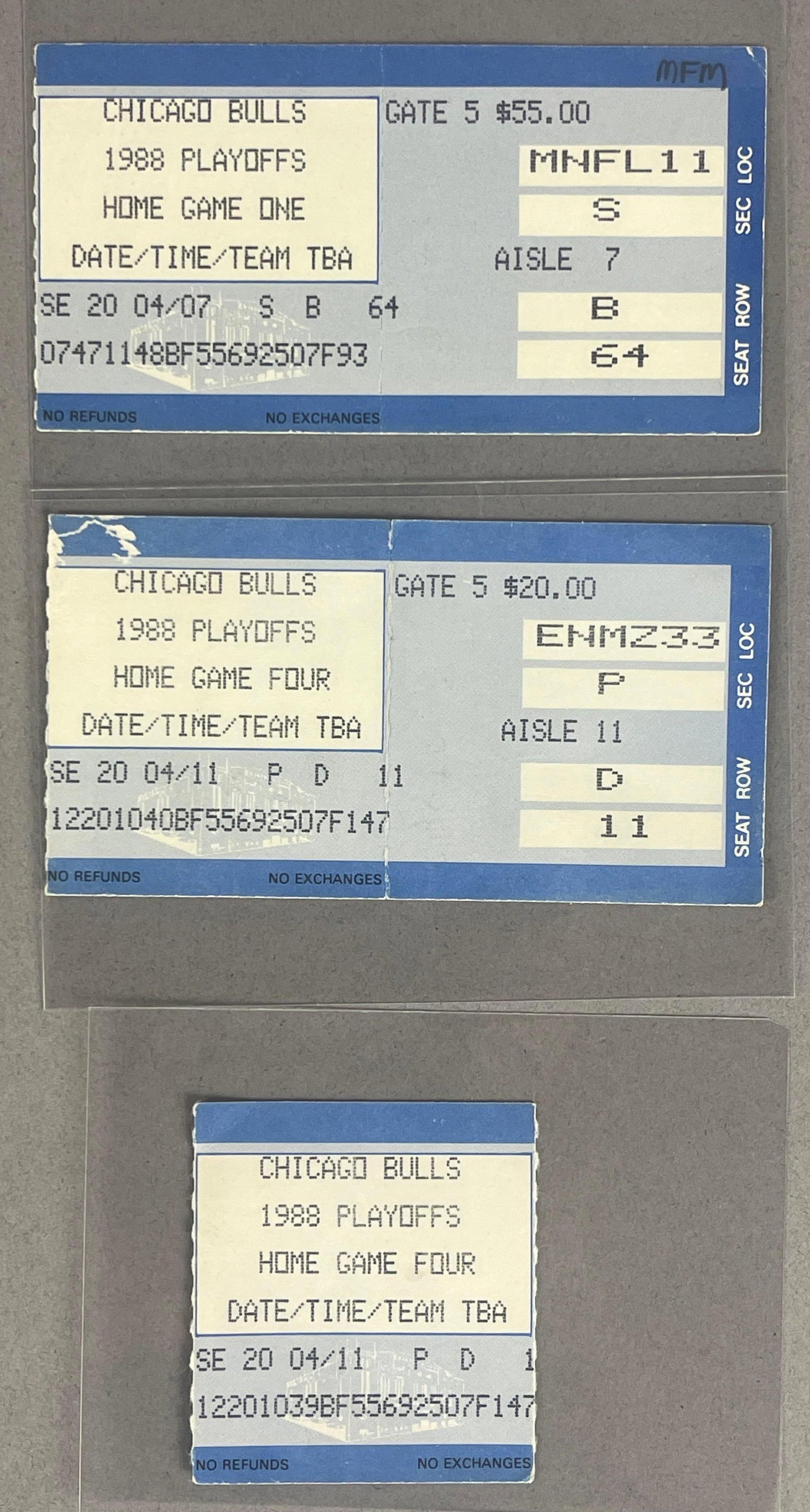 3 - 1988 Chicago Bulls Playoff Ticket Stubs with Record and Fight Game: 3 - 1988 Chicago Bulls Playoff Ticket Home Game 1, only Jordan?50 Point?Back to Back Playoff Games, 2 - Home?game 4, First Jordan, Laimbeer fight games