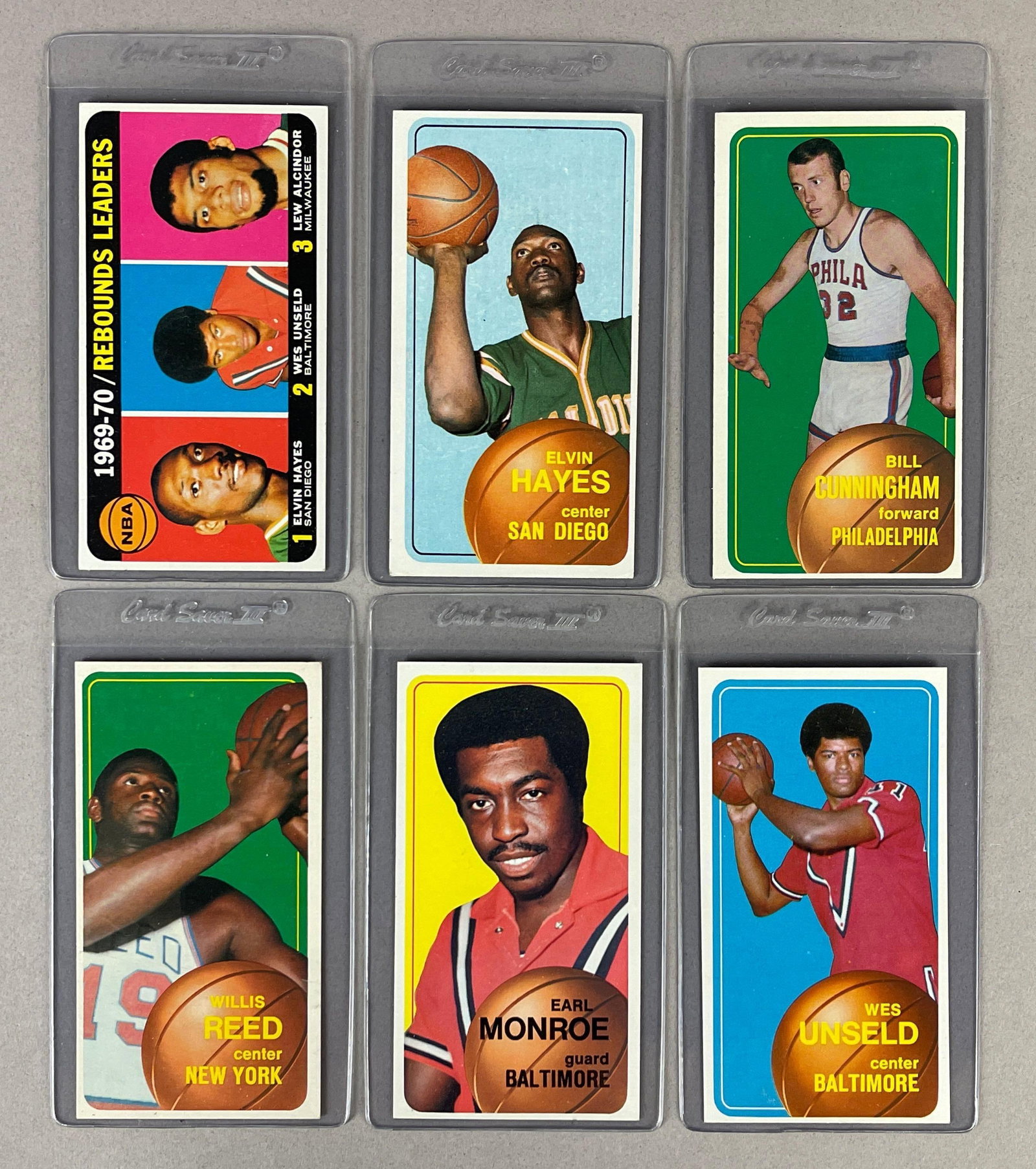 6 - 1970 Topps Basketball HOFs with Alcindor: Conditions vary, VGEX - NM, Rebound Leaders Alcindor EX - EXMT, Unseld and Monroe EXMT - NM, Cunningham and Red EX, and More