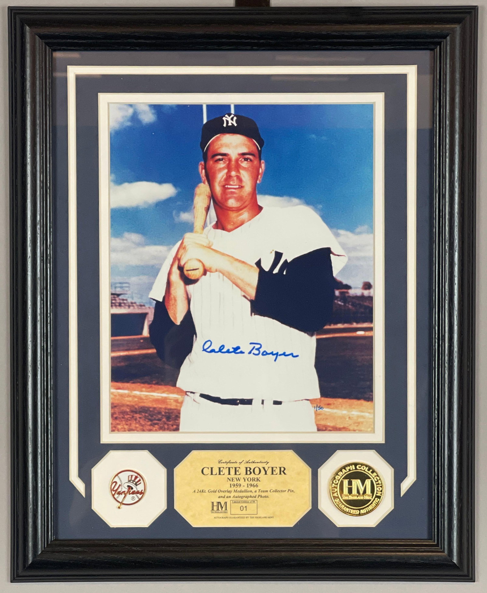 Clete Boyer Framed 8 x 10 with 24 Kt Gold Medallion, Collector Pin, and Auto 1/50: Autographed Clete Boyer 1/50, Frame Measures 13 1/2 x 16 1/2 Inches