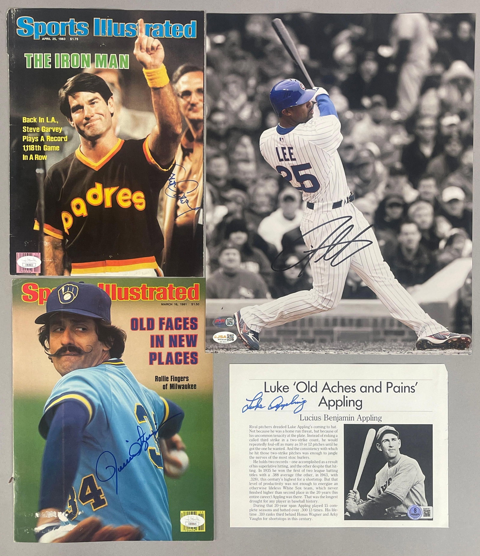 Luke Appling, Rollie Fingers, Steve Garvey, and Derek Lee Signed Photo with COAs: Fingers and Garvey SI Covers with JSA COAs, Luke Appling Magazine Photo with Beckett COA, Derek Lee 11 x 14 Photo