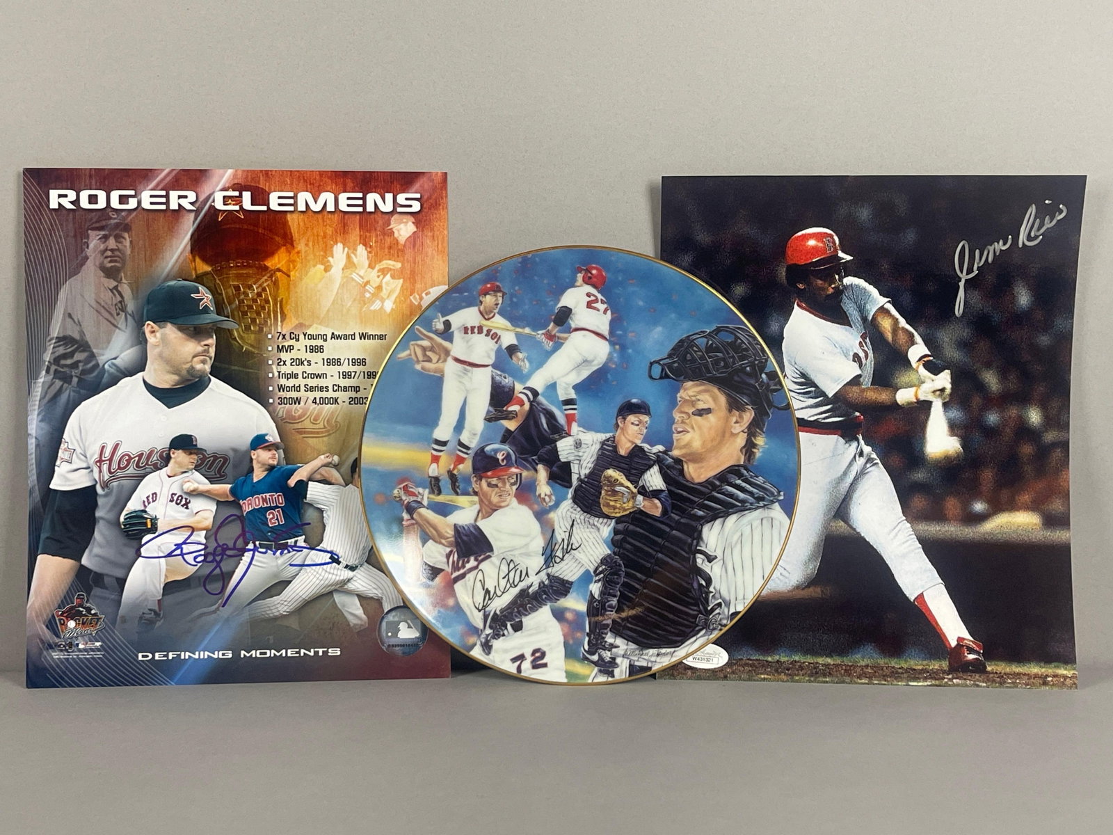 Roger Clemens and Jim Rice Signed 8 x 10 Photos + Carlton Fisk Plate: Lot for a Red Sox fan, Clemens Auto from the Carl DiMag DePhillipo Collection