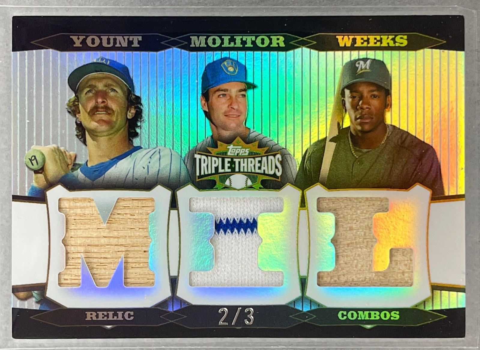 Rare 2006 Topps Triple Platinum Relic Yount, Molitor, Weeks 2/3: Rare Platinum combo relic of Milwaukee Braves Greats 2/3