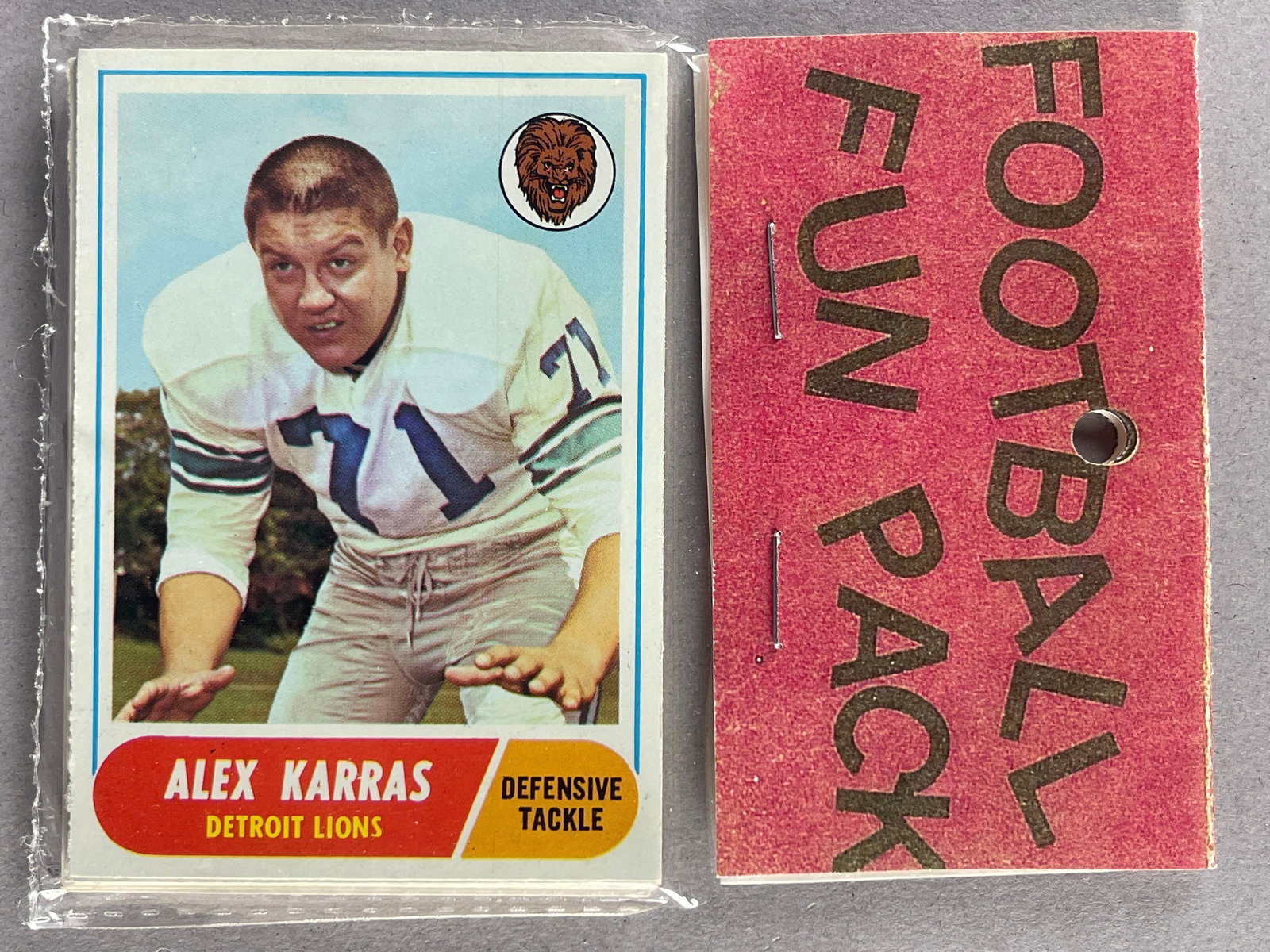 1968 Topps Football West Corps Cello Fun Pack with Alex Karras on Top: 10 - Cards per pack, West Corps. was a repacking company in the 1970s