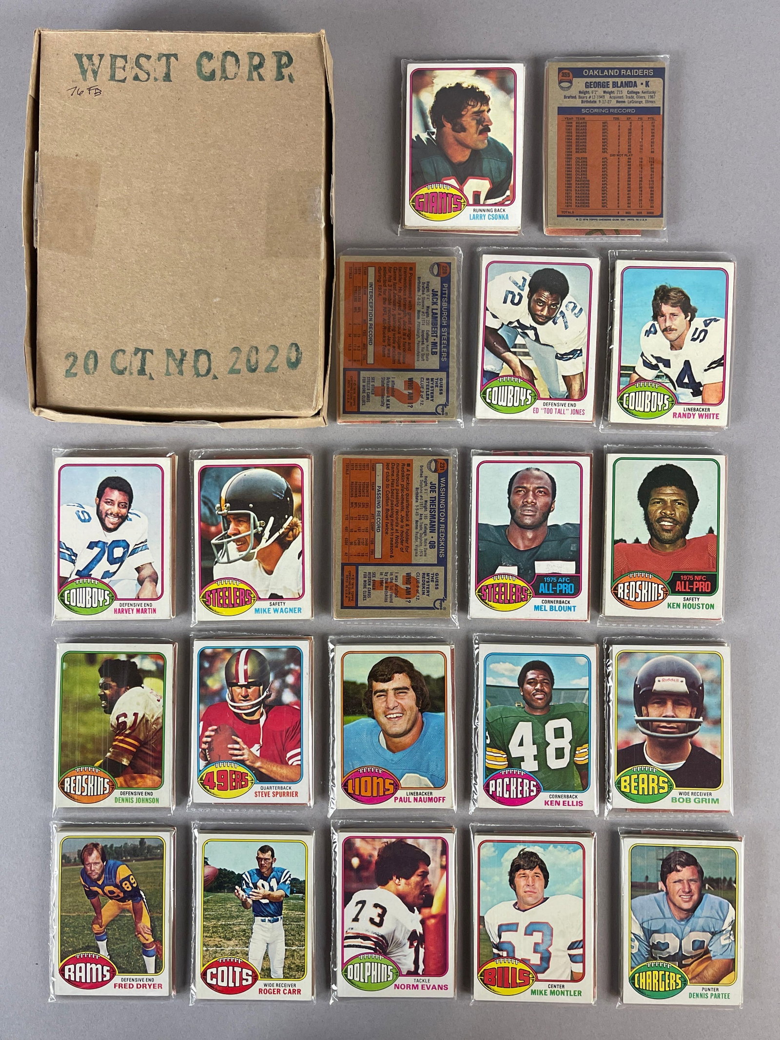 1976 Topps Baseball West Corps Cello Fun Packs Vending Box of 20 with HOFs: 10 - Cards per pack, West Corp was a repacking company in the 1970s, Possible Walter Payton Rookie, Jack Lambert, Harvey Martin, Ed Too Tall Jones, Mel Blount, George Blanda, Randy White, Steve Spurri