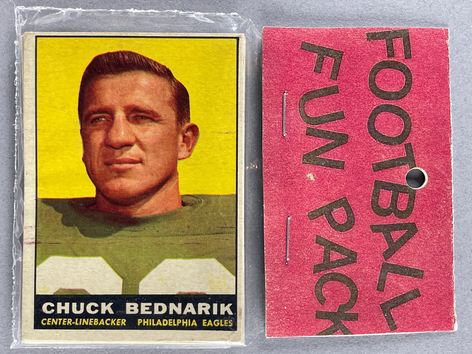 1961 Topps Football West Corps Cello Fun Pack with Bednarik on Front: 10 cards per pack, West Corps. Was a repacking company in the 1970s