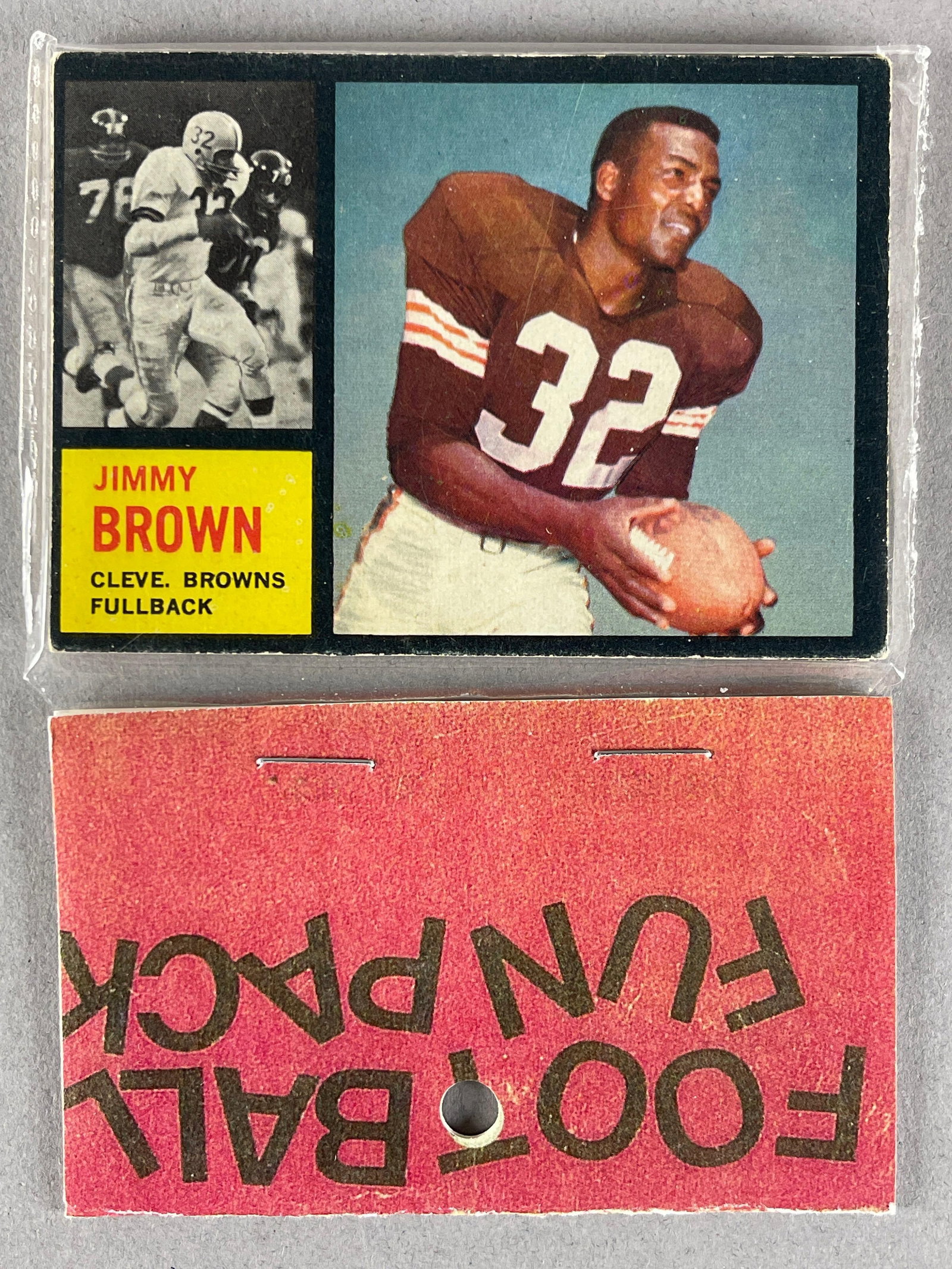 1962 Topps Football West Corps Cello Fun Pack with Jim Brown on Front: Scarce Single Print, 10 cards per pack, West Corps. Was a repacking company in the 1970s