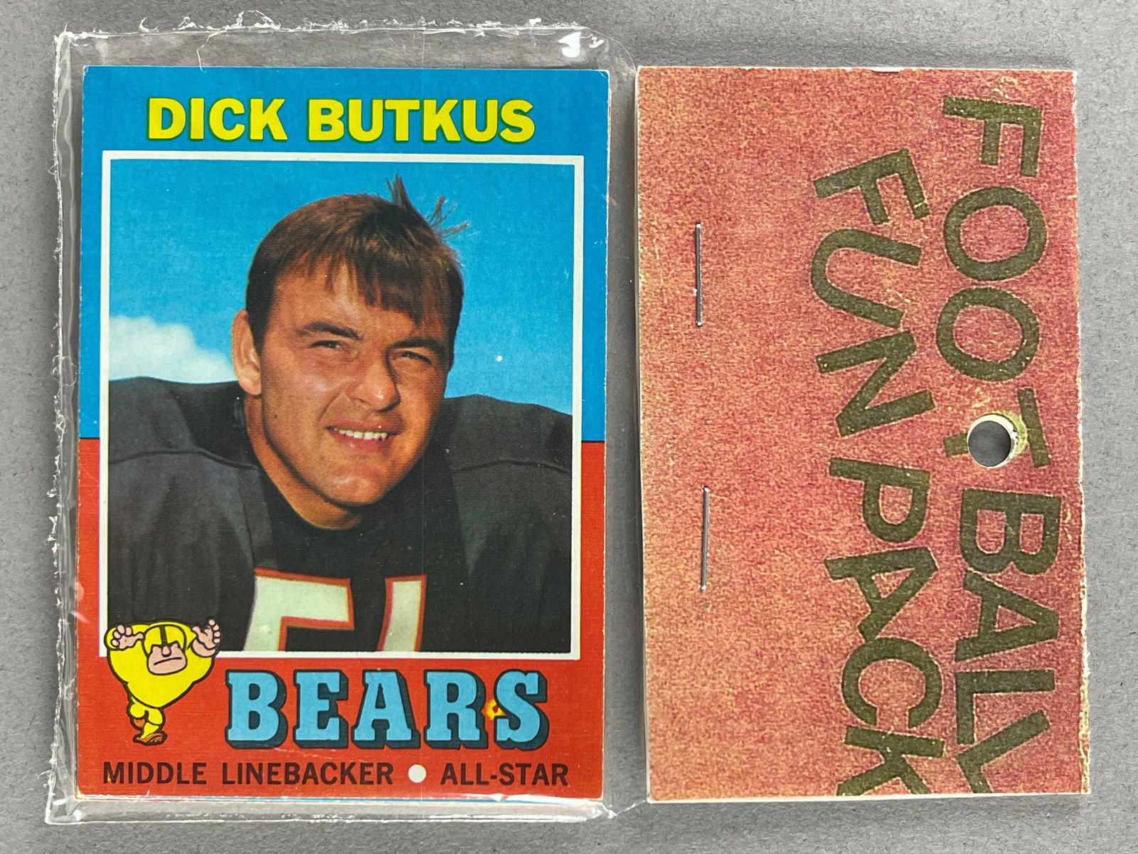 1971 Topps Football West Corps Cello Fun Pack with Butkus on Front: Possible Terry Bradshaw Rookie, 10 cards per pack, West Corps. Was a repacking company in the 1970s